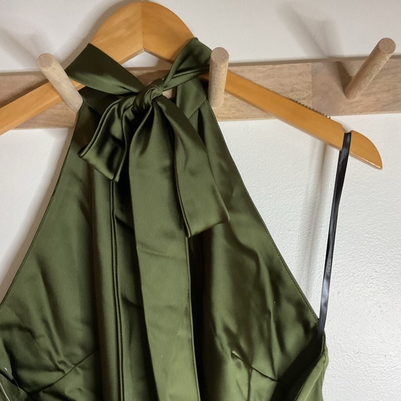 Social Bridesmaids Tie High Neck Halter Olive Green Slip Backless Maxi Dress NWT - Picture 6 of 11